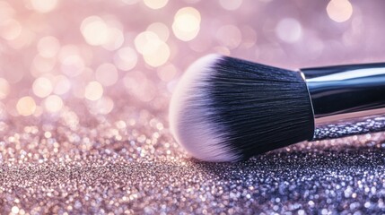 Fototapete - Makeup brush set on a glitter background with a bokeh effect, with copy space for your design text or logo