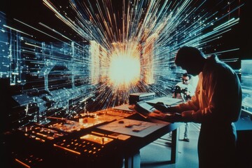 Leinwandbilder - Innovative scientist conducting experiments in a futuristic laboratory with vibrant visuals