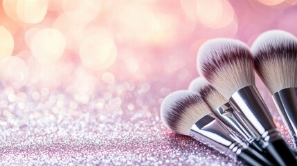 Fototapete - Makeup brush set on a glitter background with a bokeh effect, with copy space for your design text or logo
