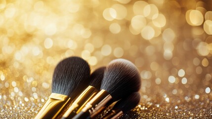 Fototapete - Makeup brush set on a glitter background with a bokeh effect, with copy space for your design text or logo