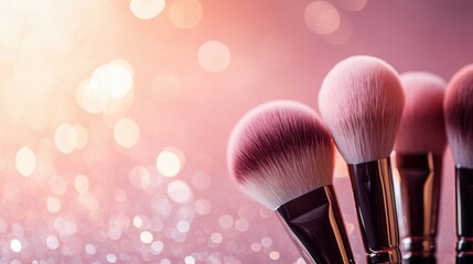 Fototapete - Makeup brush set on a glitter background with a bokeh effect, with copy space for your design text or logo