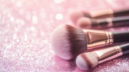 Fototapete - Makeup brush set on a glitter background with a bokeh effect, with copy space for your design text or logo