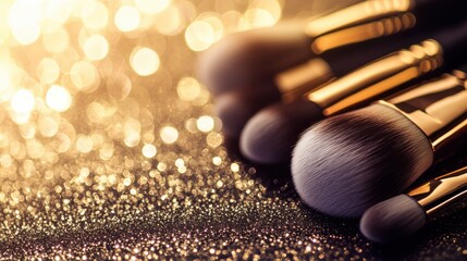 Fototapete - Makeup brush set on a glitter background with a bokeh effect, with copy space for your design text or logo