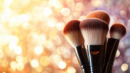 Fototapete - Makeup brush set on a glitter background with a bokeh effect, with copy space for your design text or logo