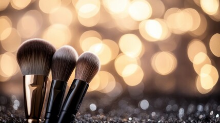 Fototapete - Makeup brush set on a glitter background with a bokeh effect, with copy space for your design text or logo