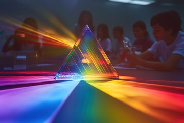 Poster - Colorful light experiment taking place in a classroom with a prism and students