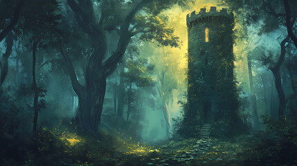 Wall Mural - In the heart of the forest, an ancient spirit recounts the saga of nature, tales untold on national tell a story day. Forgotten - Tower. Illustration