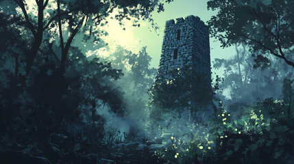 Wall Mural - In the heart of the forest, an ancient spirit recounts the saga of nature, tales untold on national tell a story day. Forgotten - Tower. Illustration