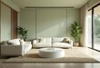 © KarpenArt Studio - A modern minimalist interior design with light sage green walls and wooden accents.