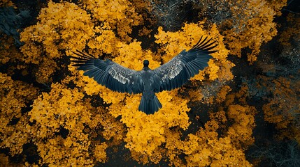 Poster - Bird in Flight Above Autumn Leaves