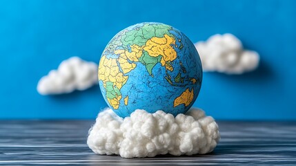 earth globe on clouds, blue background