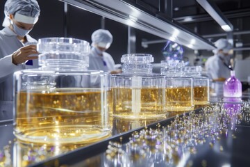 Poster - Laboratory workers handling transparent containers of liquid in a clean environment