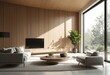 © KarpenArt Studio - A modern minimalist living room with a light-colored wood panel wall and floor-to-ceiling windows, featuring two gray couches, a wooden coffee table, and a flat-screen TV mounted on the wall.