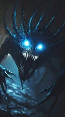 a menacing dark creature with glowing blue eyes and sharp teeth, set in a shadowy, eerie environment