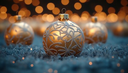 Wall Mural - Festive golden ornaments and sparkling lights create a joyful scene