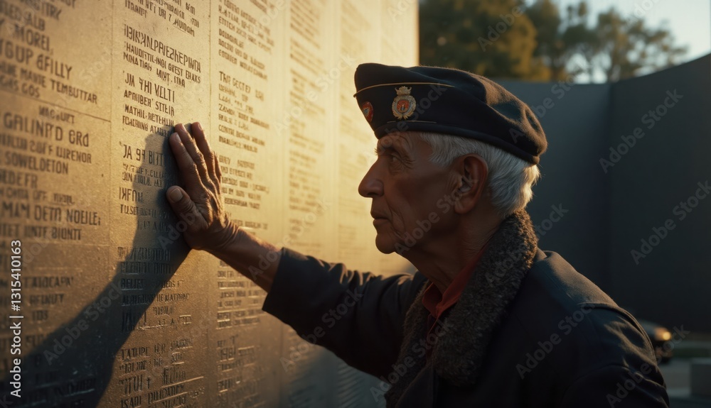 An elderly veteran wearing a military beret gently places his hand on a ...