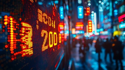 Aufkleber - Dynamic Cityscape at Night with Financial Data Display