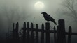 © oris - Silhouette of a crow perched on a weathered wooden fence in a misty, moonlit graveyard at night.