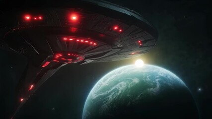 Wall Mural - Evil UFO Spaceship Approaching Planet Earth 4K Ultra HD UHD