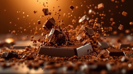 Poster - An explosive burst of chocolate pieces is captured in mid-air, showcasing a dynamic and textured scene.
