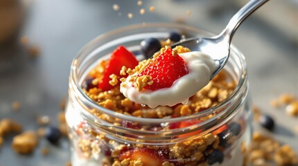Poster - A close-up image of a jar filled with yogurt, granola, and fresh strawberries.