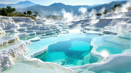 Poster - A picturesque landscape featuring terraced mineral pools with clear, turquoise water and surrounding mountains.