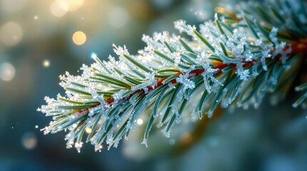 Poster - A close-up of a frosted pine branch glistening in sunlight.
