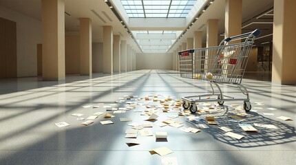Poster - An empty, well-lit indoor space with a shopping cart and scattered papers on the floor.