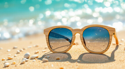 Poster - A wooden-framed pair of sunglasses rests on a sandy beach, reflecting the turquoise water in the background.
