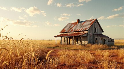 Poster - A rustic farmhouse sits in an expansive, golden field under a bright sky. The setting conveys a sense of tranquility and openness.