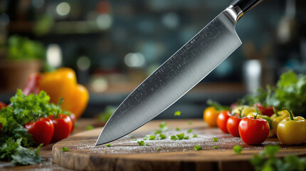 Poster - A sharp kitchen knife rests on a wooden cutting board surrounded by colorful vegetables.