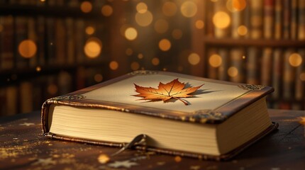 Aufkleber - An open book rests on a wooden surface, adorned with a detailed leaf illustration on its cover, set against a softly blurred background of a library.