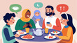 © Justlight - Two families from different countries are paired up through a language exchange program and take turns hosting dinner gatherings where they can practice speaking each others. Vector illustration