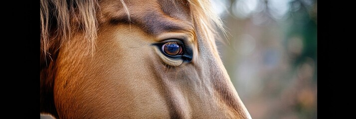 Aufkleber - Close up view of a horses eye showcasing intricate details and natural beauty in soft lighting. Generative AI