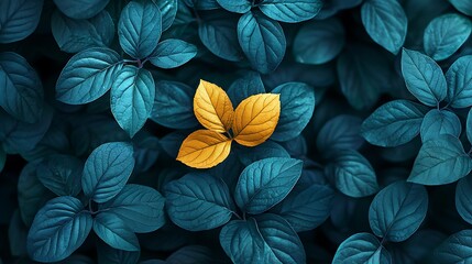 Poster - Golden Leaves Teal Background Unique Nature Photography