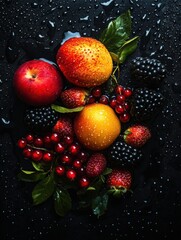 Aufkleber - Vibrant assortment of fresh fruits with water droplets on a dark background, perfect for summer recipes and healthy snacks. Generative AI