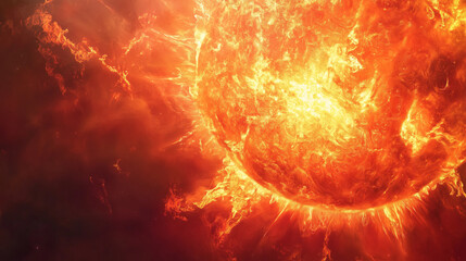 Wall Mural - a zoomed-in view of the sunâs fiery surface, capturing intense solar flares and turbulent plasma e