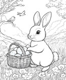 Kolorowanka dla dzieci  - Zajączek Wielkanocny i koszyk z jajkami - Ilustracja czarno-biała 