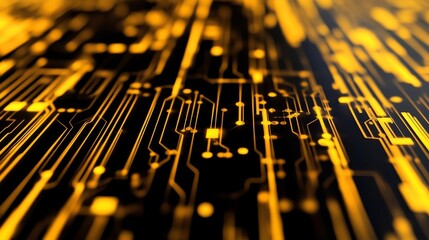 Poster - Abstract close-up of a digital circuit board design showcasing intricate yellow patterns against black