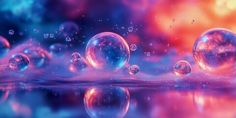 Wall Mural - surreal fantasy scene featuring glowing glass-like bubbles floating over a reflective liquid surface