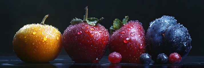Aufkleber - Fresh fruits with water droplets arranged in a row on a dark background showcasing vivid colors and textures. Generative AI