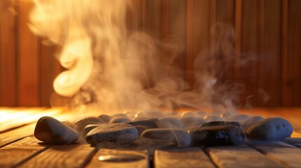 Poster - Steam rising from hot stones creates a warm and cozy atmosphere in a relaxing sauna setting perfect for comfort and tranquility