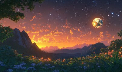 Wall Mural - vibrant earth glowing softly under a starry night sky, surrounded by the faint orange hues of sunris