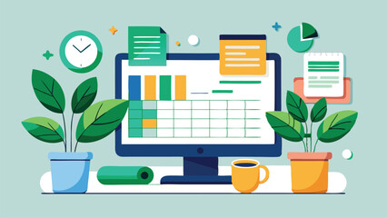 Poster - Vector illustration depicting a modern workspace with a computer displaying graphs, surrounded by plants, office supplies, and various notes