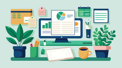 Poster - Vector illustration depicting a modern workspace with a computer displaying graphs, surrounded by plants, office supplies, and various notes