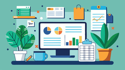 Poster - Vector illustration depicting a modern workspace with a computer displaying graphs, surrounded by plants, office supplies, and various notes