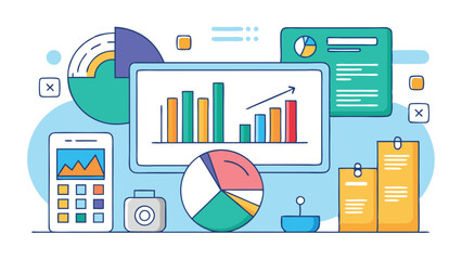 Poster - Colorful vector illustration featuring data analysis tools, charts, and graphs on computer screens showcasing analytics in a modern workspace environment