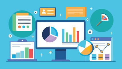 Poster - Colorful vector illustration featuring data analysis tools, charts, and graphs on computer screens showcasing analytics in a modern workspace environment
