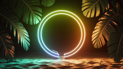 Poster - A Vibrant Green and Blue Neon Circle Light Hovers at the Center Casting a Warm Glow That Illuminates Lush Tropical Leaves Surrounding