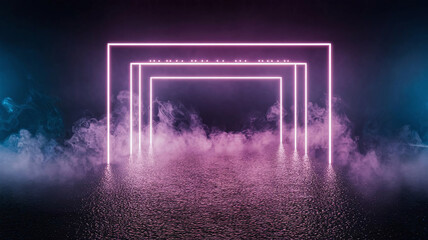 Poster - A Dark Stage Bathed in an Ethereal Glow Where Neon Lights Flicker and Spotlights Cast Dramatic Shadows Across the Empty Space